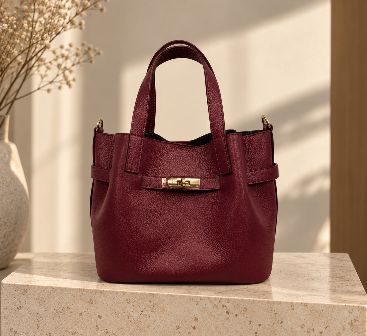 Sac Lise - cuir bordeaux, fabriqué en Italie