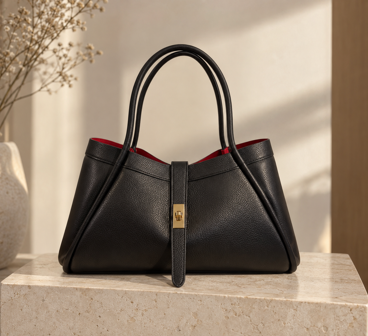 Sac Gaby - cuir noir intérieur rouge, fabriqué en Italie